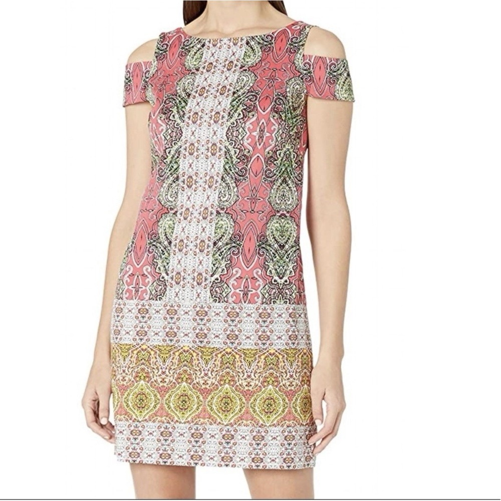 MAGGY LONDON WOMEN'S PAISLEY COLD SHOULDER‎ SHIFT DRESS PINK/MULTI Size 6